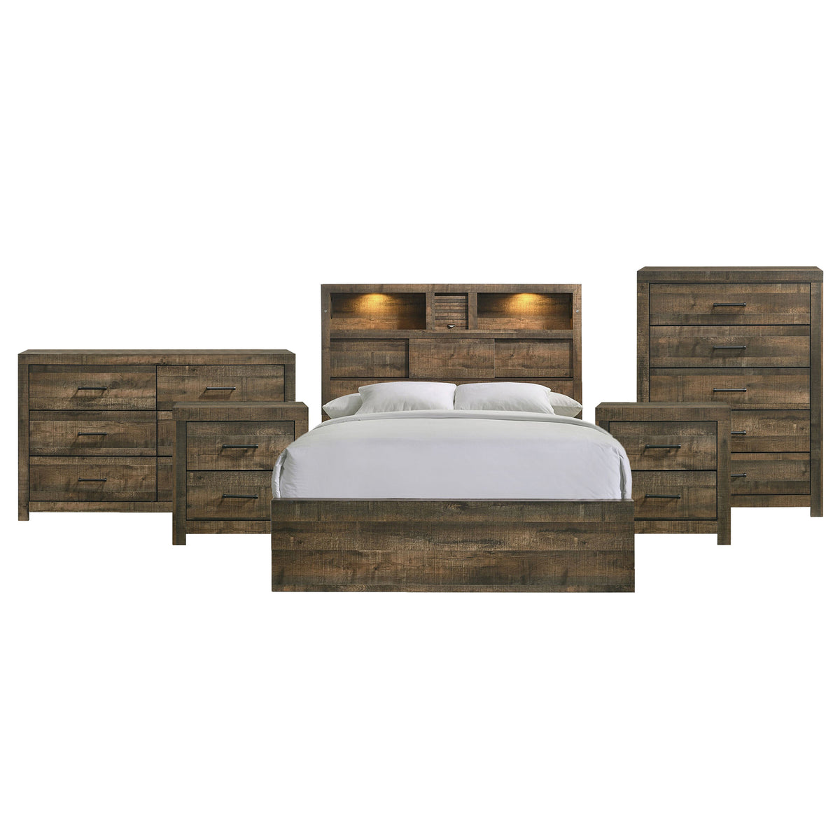 Bailey Queen Bookcase Panel 5PC Bedroom Set with 2 Nightstands, Dresser & Chest
