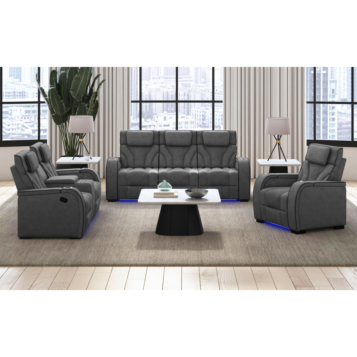 Blitz Motion Recliner with LED in Simba Slate and Black Welt