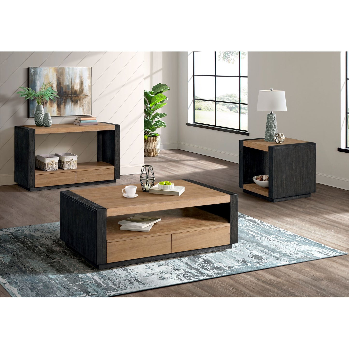 Breckenridge Coffee Table with 4 Drawers in Light Oak & Black