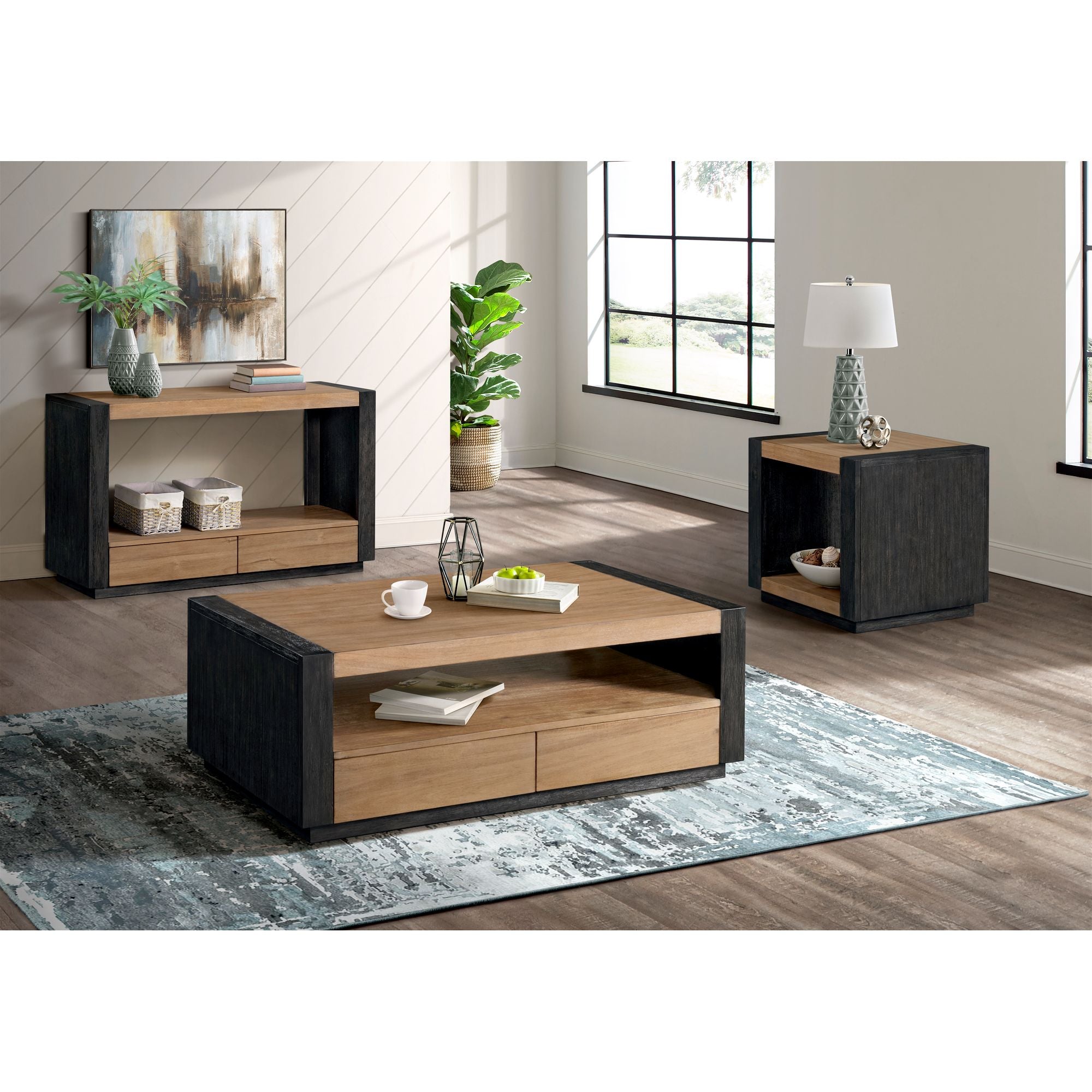 Breckenridge Coffee Table with 4 Drawers in Light Oak & Black
