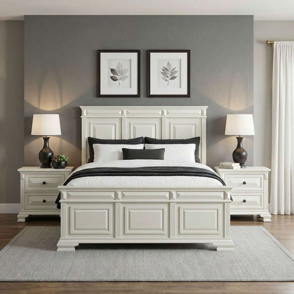 Bridgestone King 3PC Bedroom Set with 2 Nightstands in Antique White
