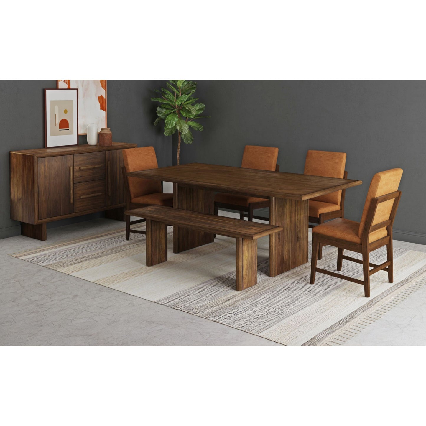 Brisbane 6PC Standard Height Dining Set in Brown-Table, Four PU Chairs & Bench