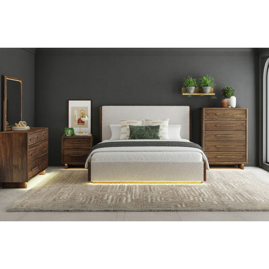 Brisbane King UPH 5PC Bedroom Set with Boucle Beige and LED in Brown