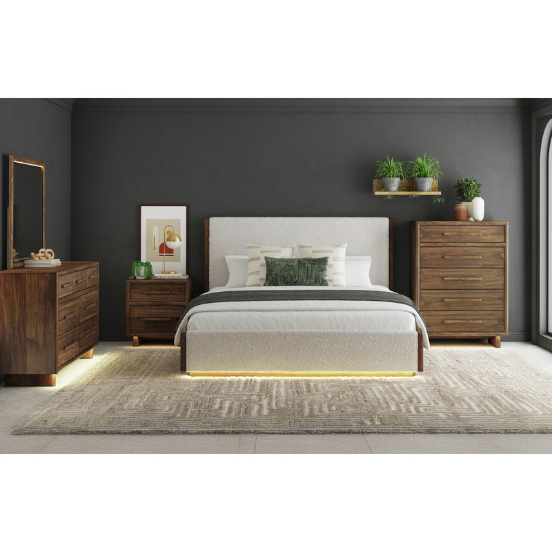 Brisbane Queen UPH 5PC Bedroom Set with Boucle Beige and LED in Brown