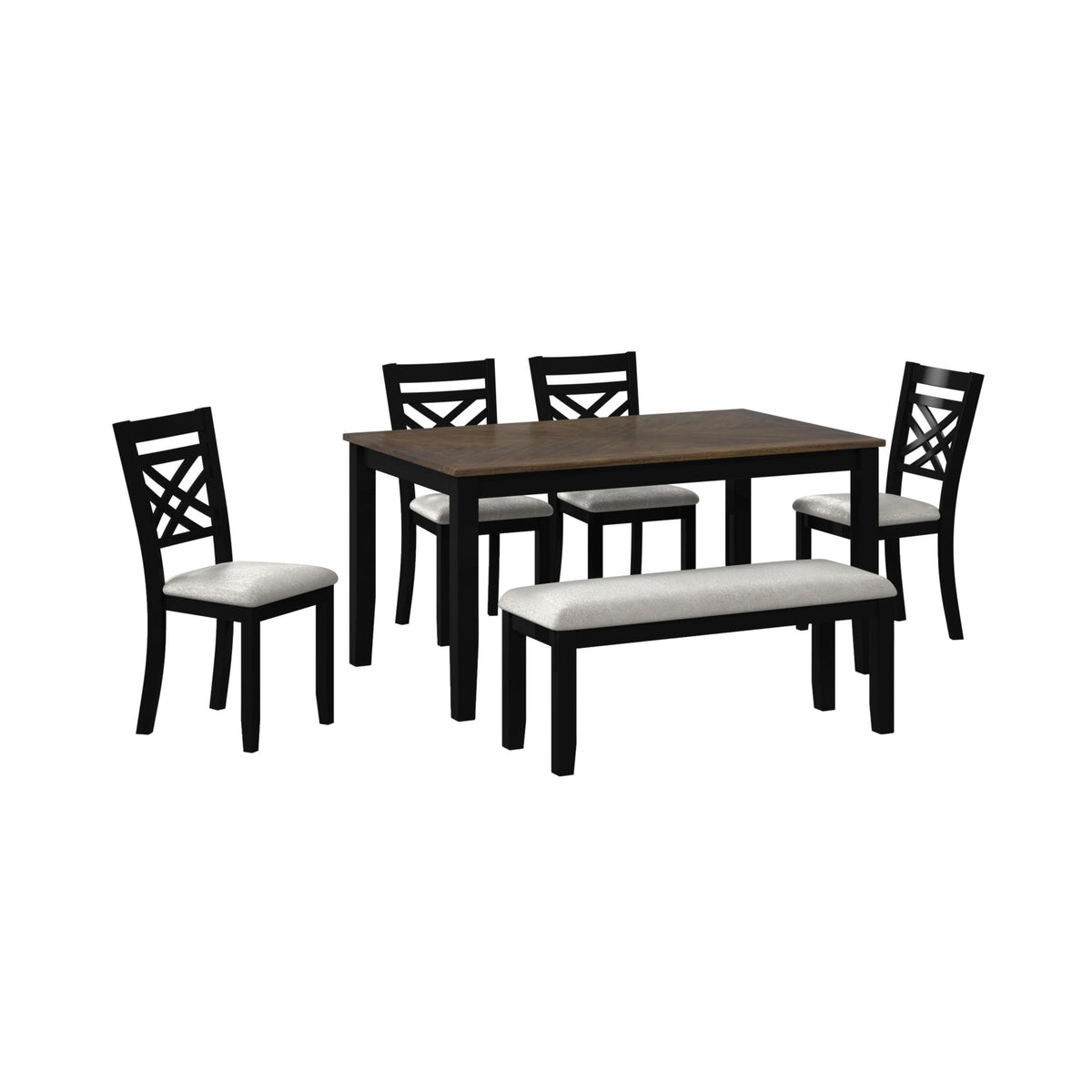 Brooks 6PC Dining Set with Table, 4 Wood Back and UPH Seat Chairs, and Bench in Medium Brown & Black