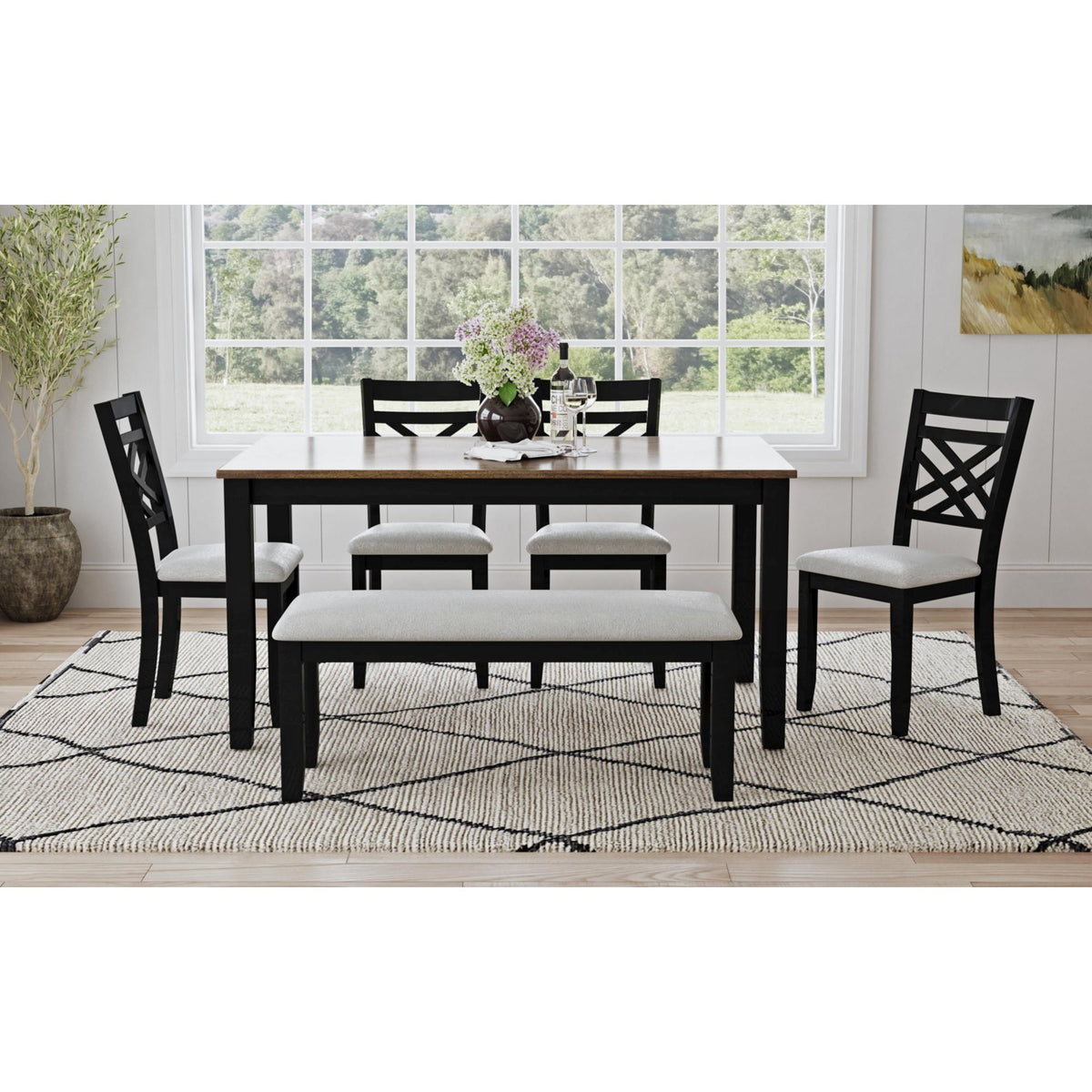 Brooks 6PC Dining Set with Table, 4 Wood Back and UPH Seat Chairs, and Bench in Medium Brown & Black