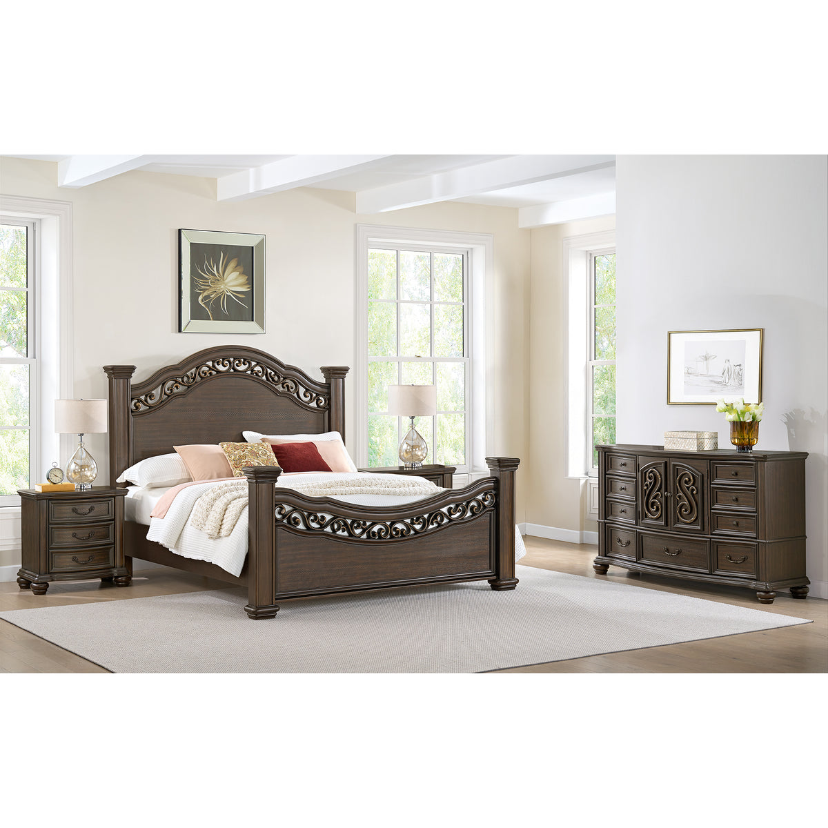 Brunswick King 4PC Bedroom Set with 2 Nightstands & Dresser in Mahogany