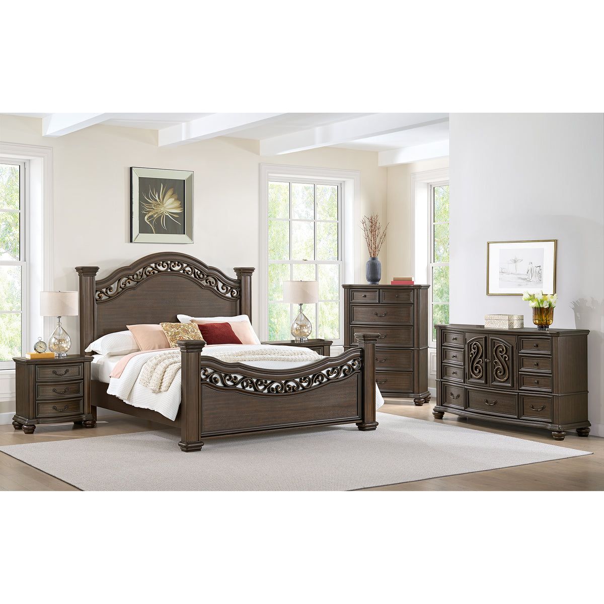 Brunswick King 5PC Bedroom Set with 2 Nightstands, Dresser & Chest in Mahogany