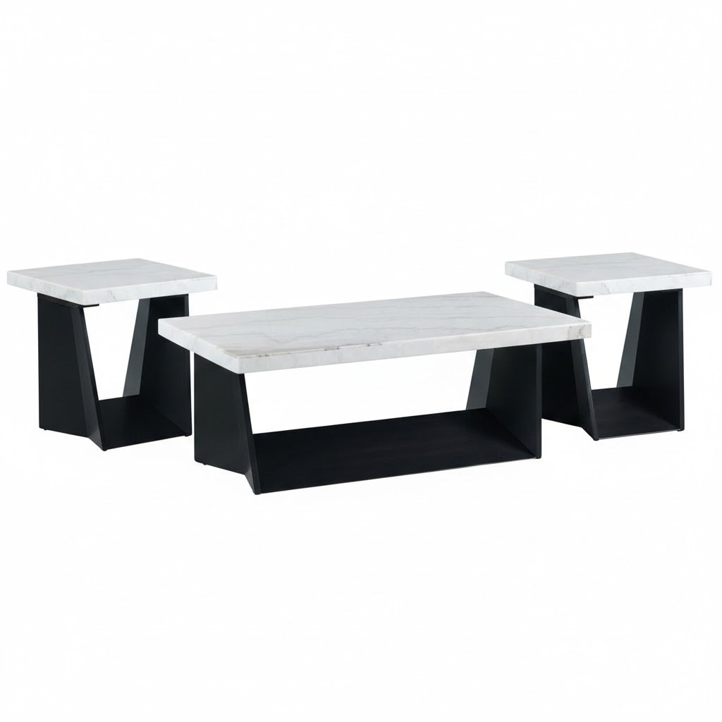 Beckley Coffee Table 3PC Set in White Marble Top & Dark Base