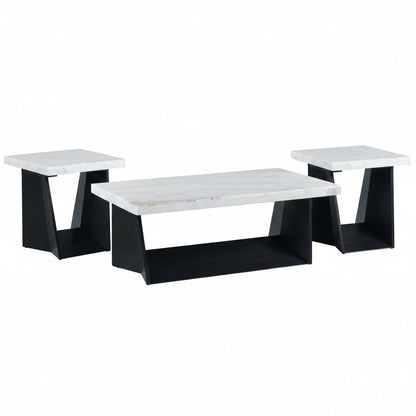 Beckley Coffee Table 3PC Set in White Marble Top & Dark Base
