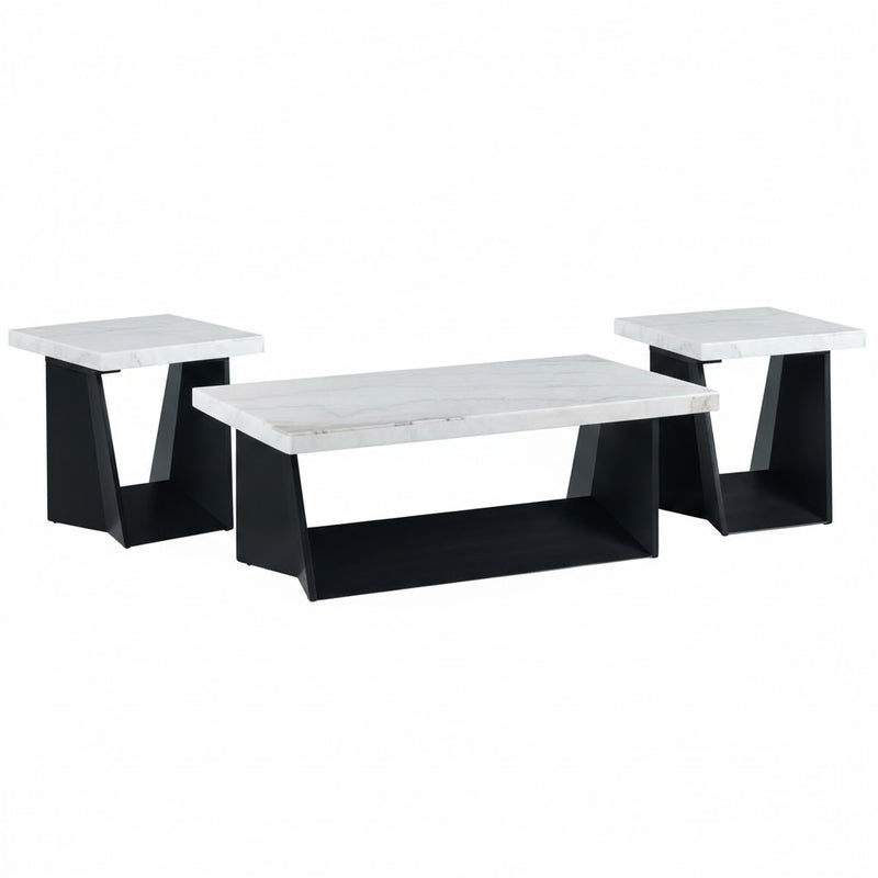 Beckley Coffee Table 3PC Set in White Marble Top & Dark Base