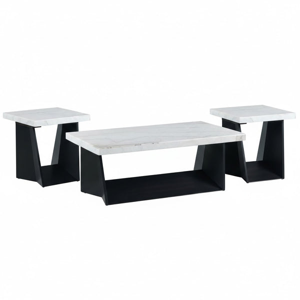 Beckley Coffee Table 3PC Set in White Marble Top & Dark Base