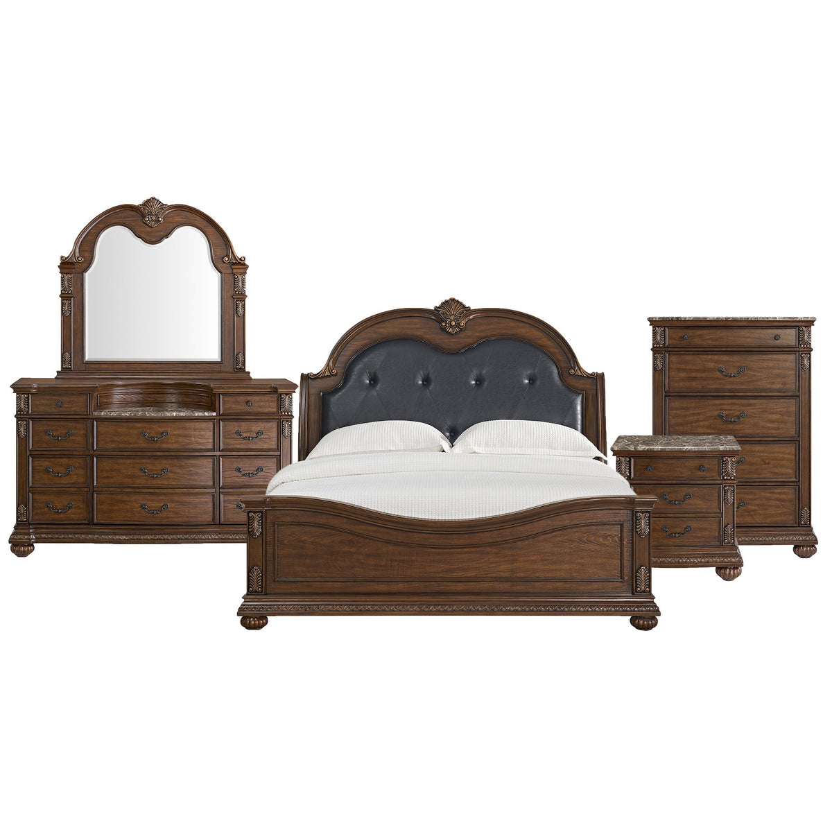 Cadenza King UPH 5PC Bedroom Set with Black PU in Brown
