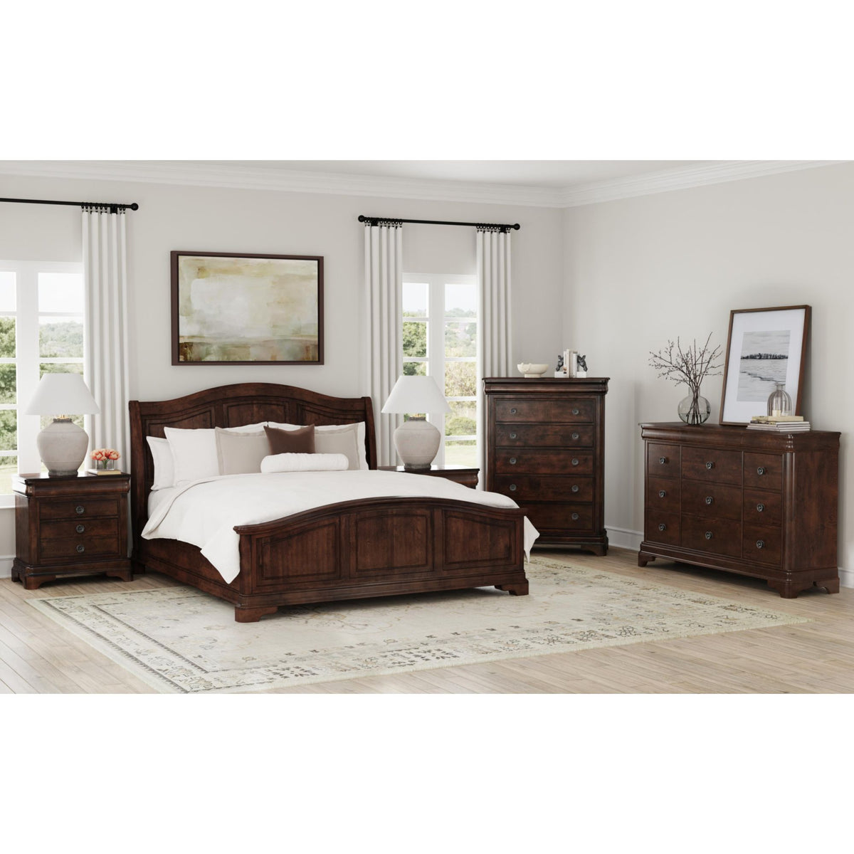 Cameron Cherry King 5PC Bedroom Set with 2 Nightstands, Dresser & Chest