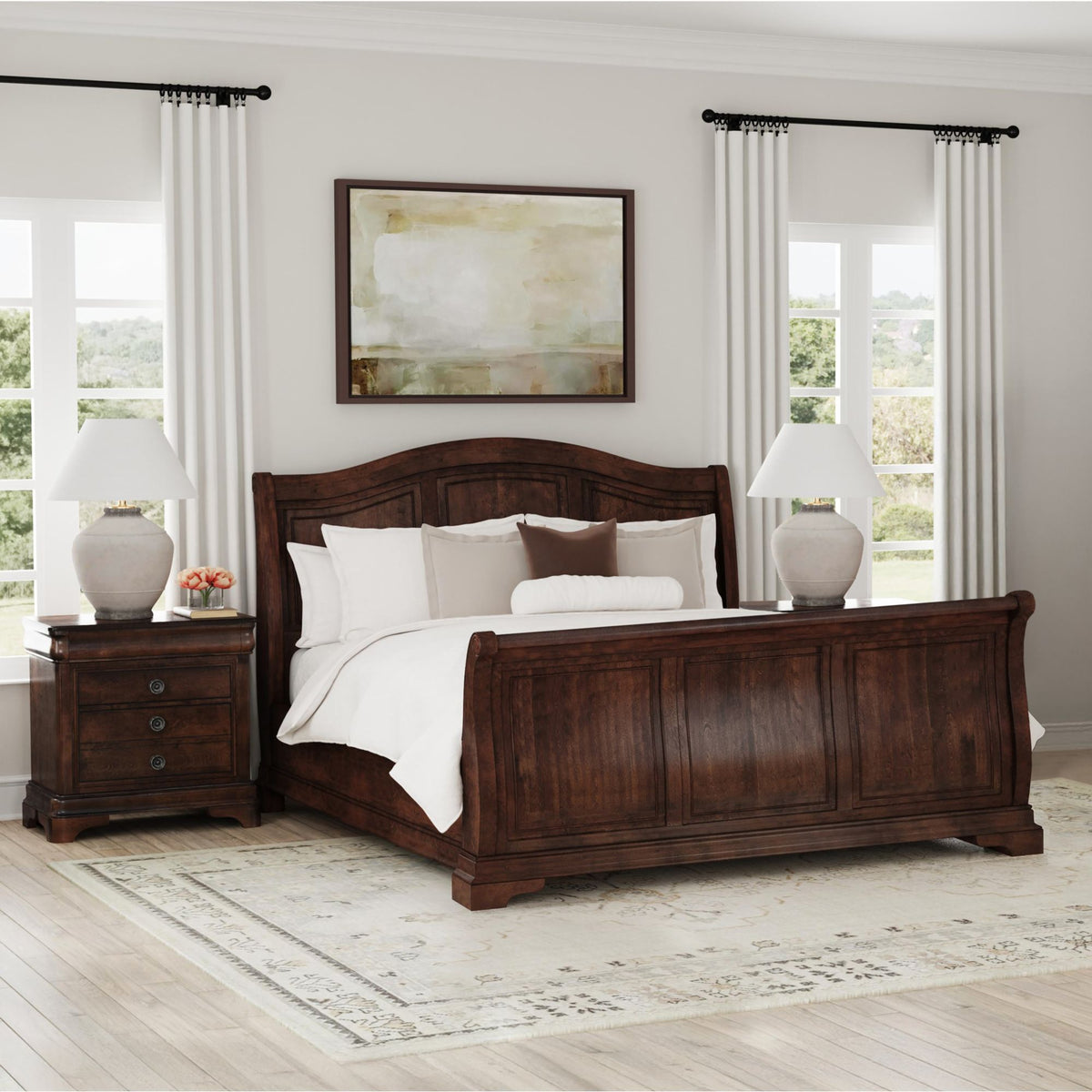 Cameron Cherry Queen Sleigh 3PC Bedroom Set with 2 Nightstands