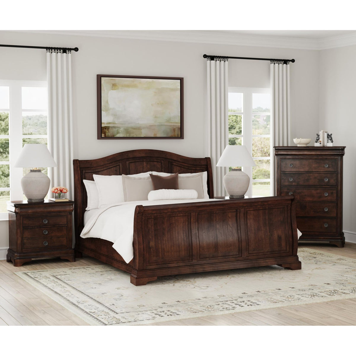 Cameron Cherry King Sleigh 4PC Bedroom Set with 2 Nightstands & Chest