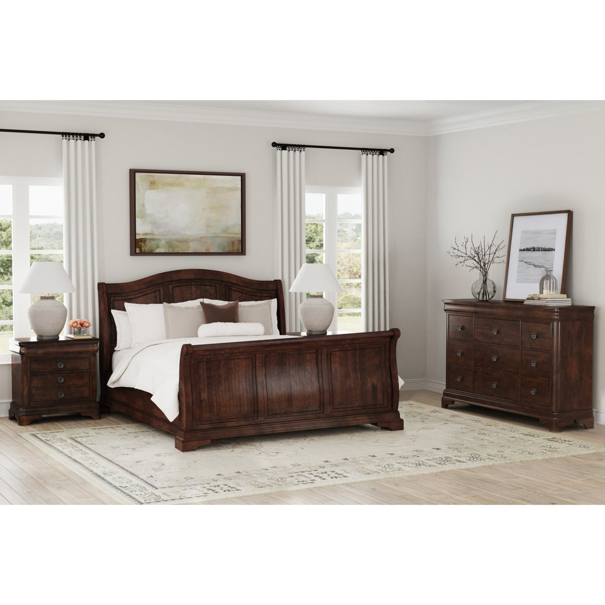 Cameron Cherry King Sleigh 4PC Bedroom Set with 2 Nightstands & Dresser