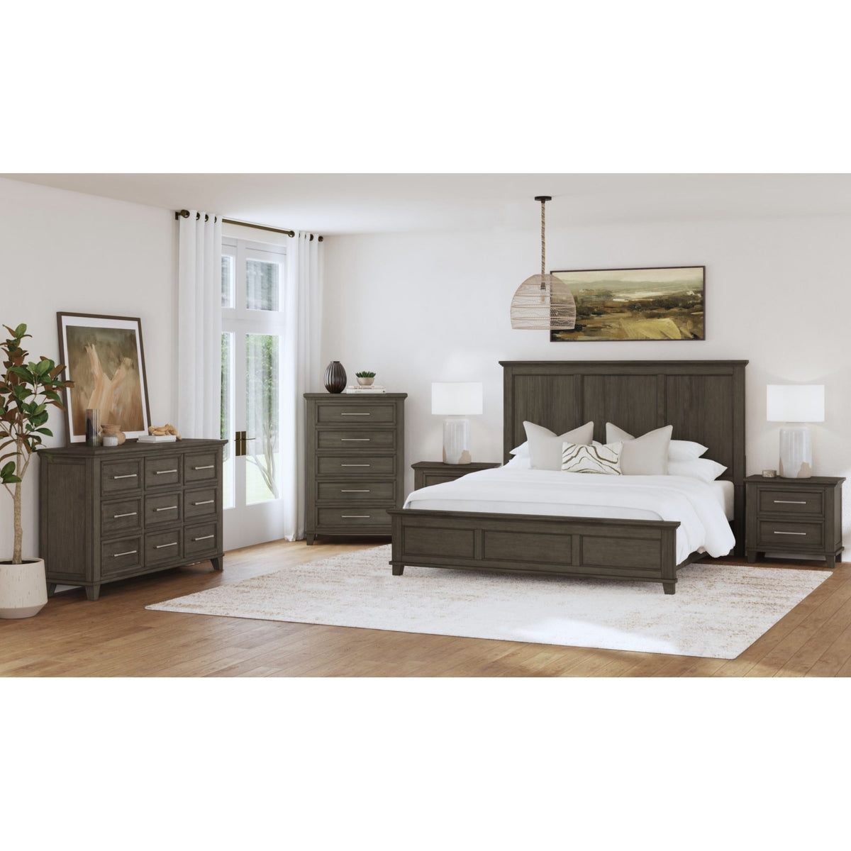 Canterbury Queen 5PC Bedroom Set with 2 Nightstands, Dresser & Chest in Grey