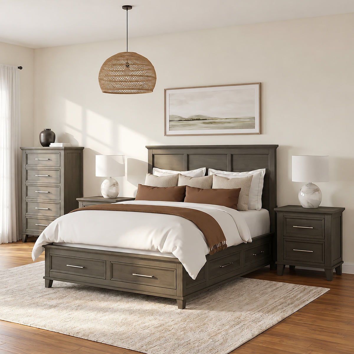 Canterbury Queen Storage 4PC Bedroom Set with 2 Nightstands & Chest in Grey