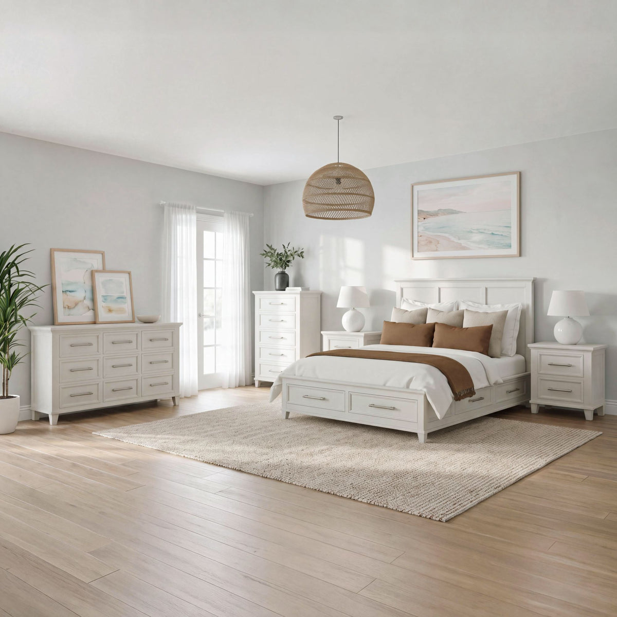 Canterbury Queen Storage 5PC Bedroom Set with 2 Nightstands, Dresser & Chest in Ivory