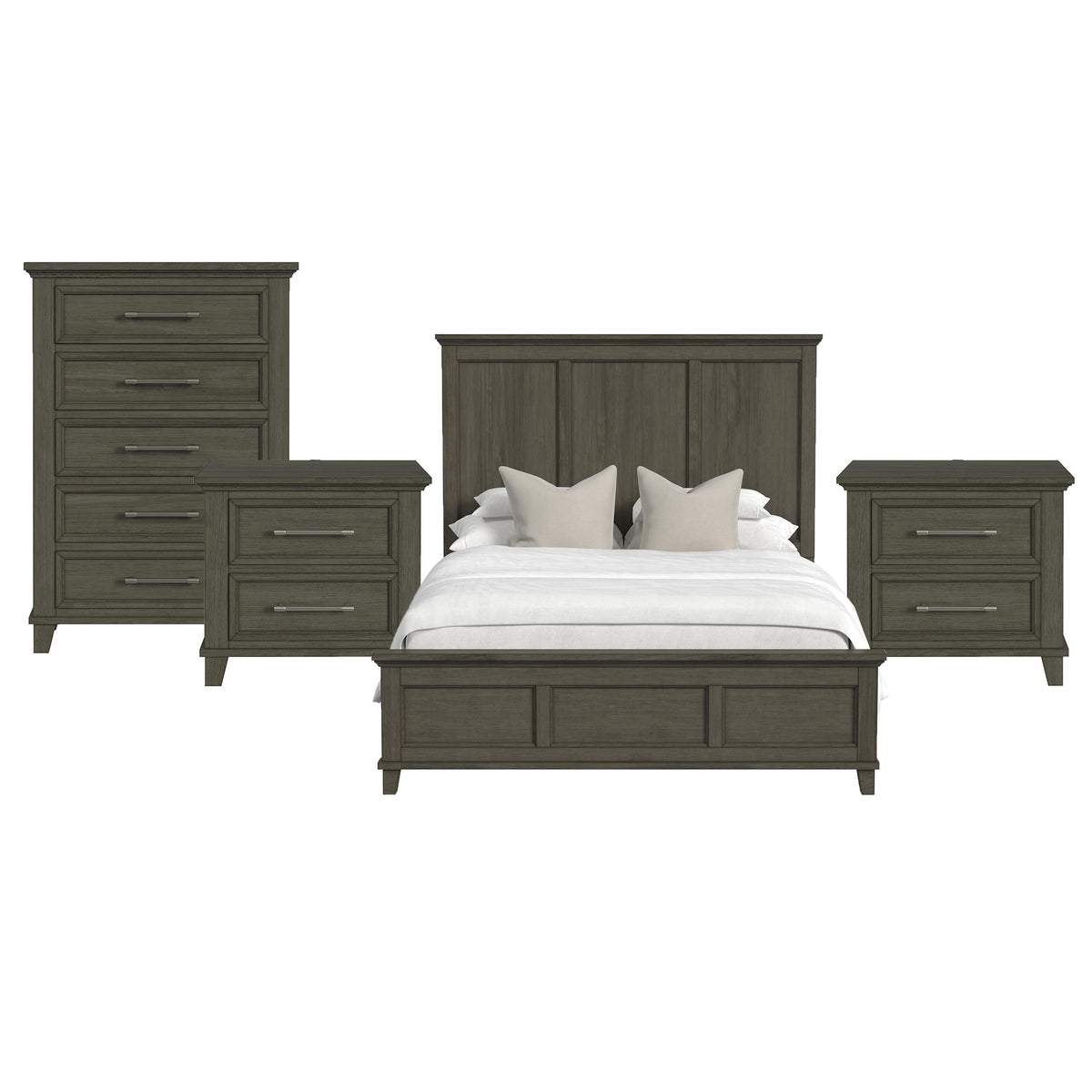Canterbury Queen 4PC Bedroom Set with 2 Nightstands & Chest in Grey