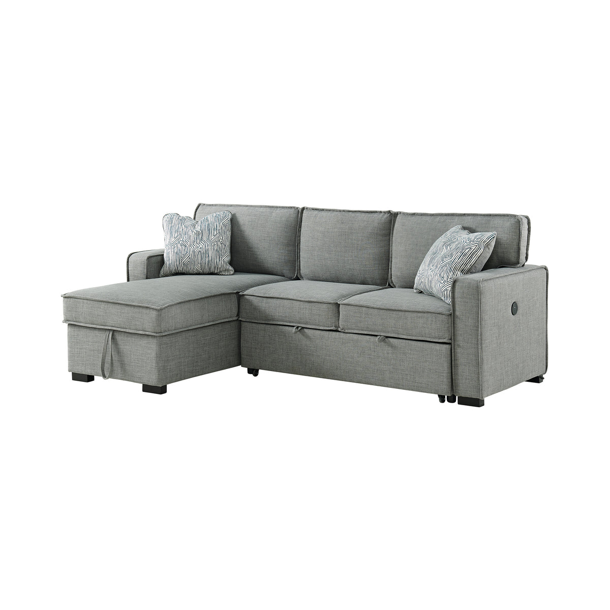 Caracas Sectional Sleeper Chofa with Pull Bed, Drop Table & USB in Palmer Grey