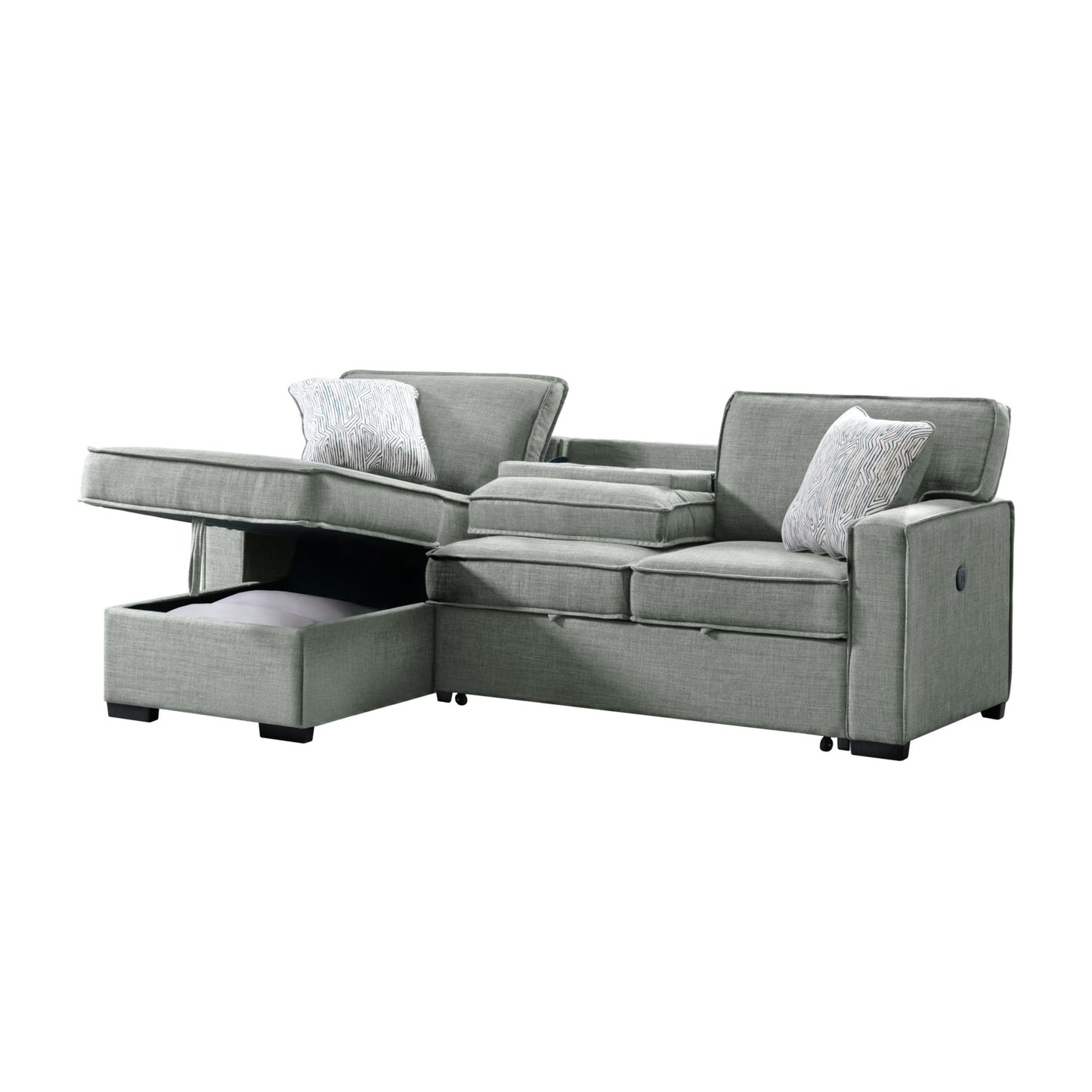 Caracas Sectional Sleeper Chofa with Pull Bed, Drop Table & USB in Palmer Grey