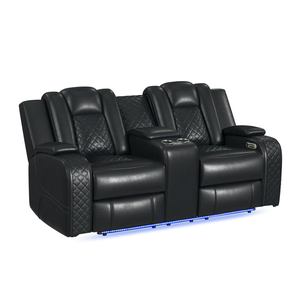 Carlo Power Motion Loveseat With Power Headrest, Console And Led In Pebble Black