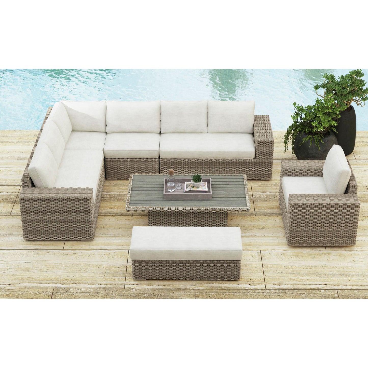 Carmona 6PC Conversion Set in Natural and Olefin Beige with Ottoman