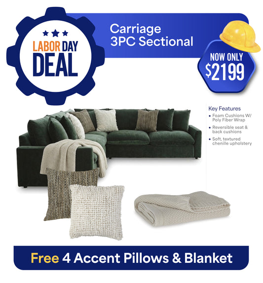 Carriage Setional 3PC Set with Throw & Four Accent Pillows Bundle