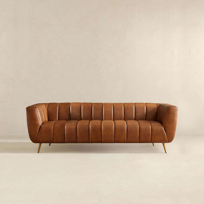 Ava Genuine Italian Cognac Leather Channel Tufted Sofa