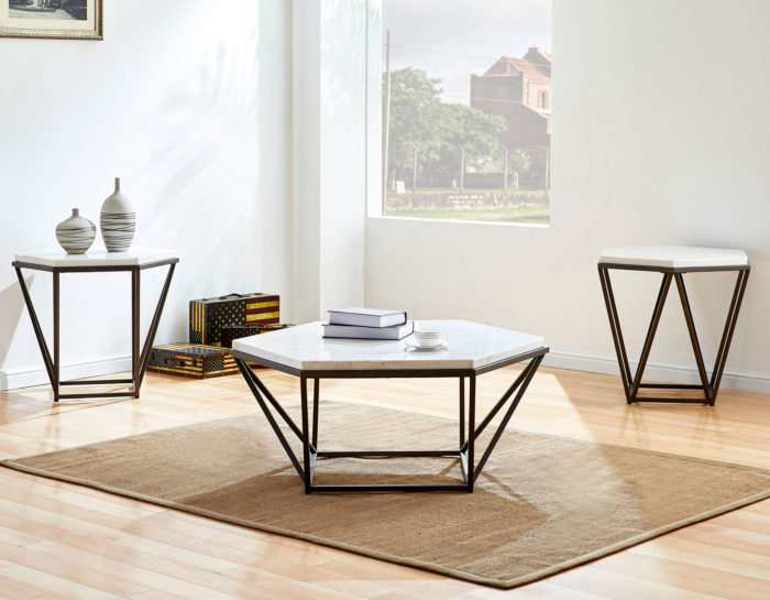 Mesa de cóctel hexagonal con tapa de mármol blanco Corvus 