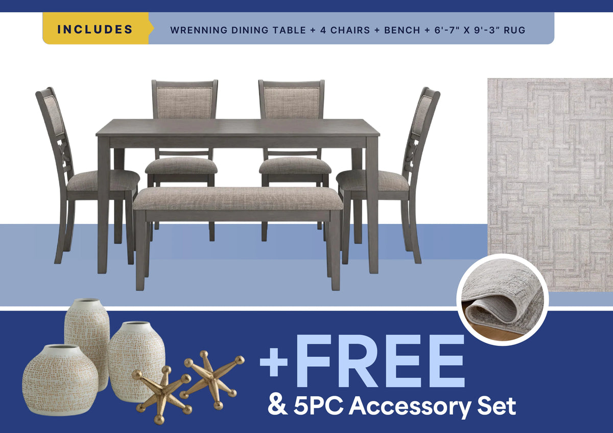 Free 5Pc Accessory Set + Hollis Rug + 6Pc Wrenning Dining Set Package