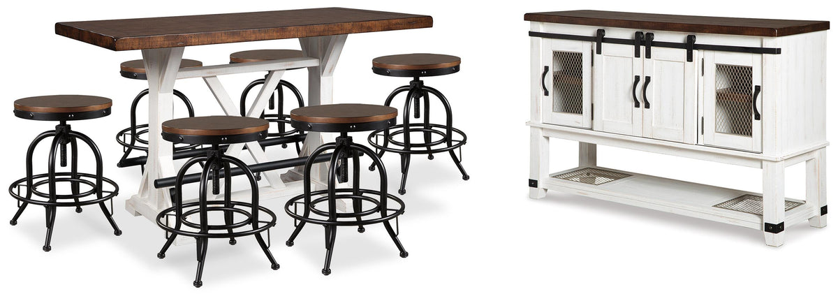 Valebeck Counter Height Dining Table, 6 Barstools and Server