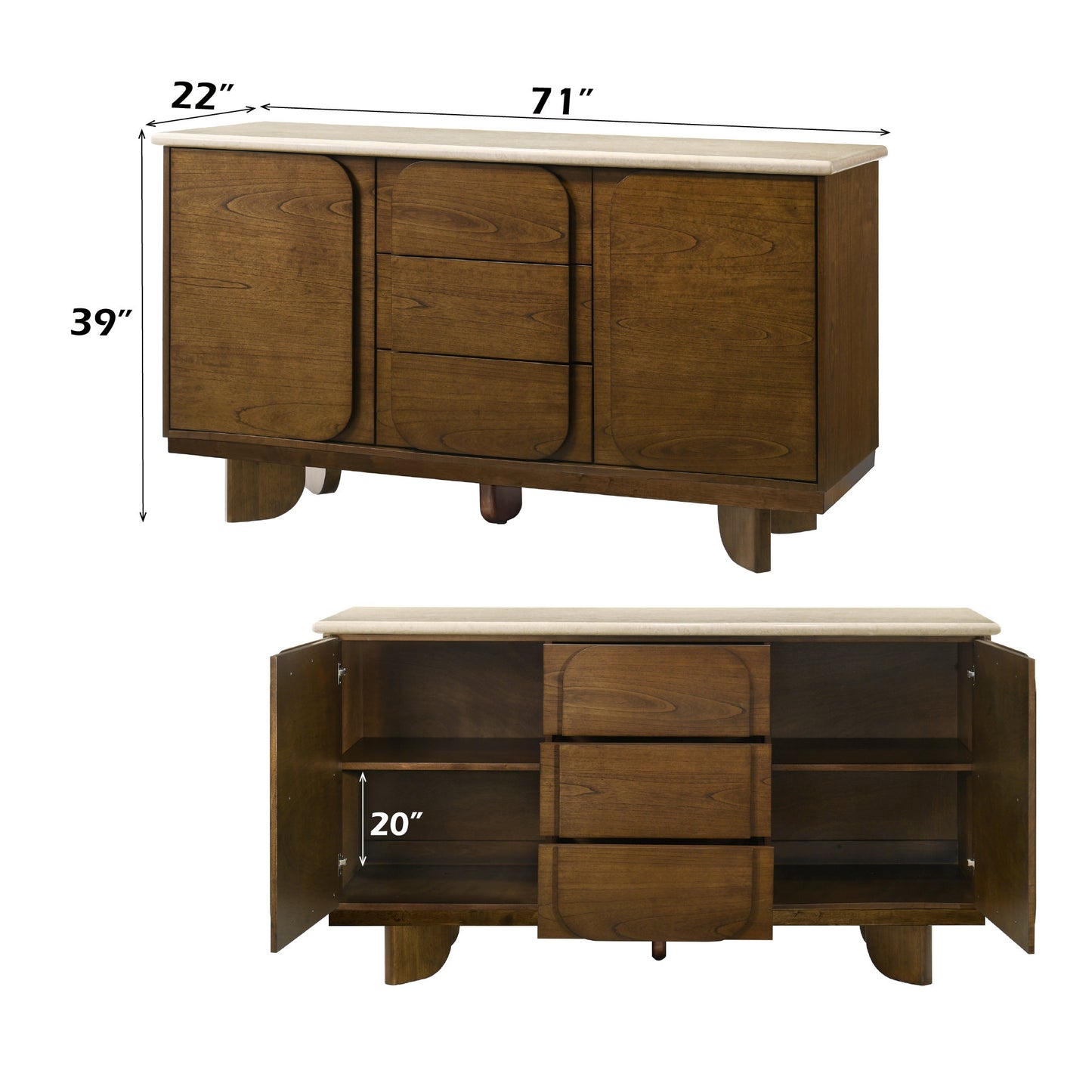 Kasha 3 - Drawer Rectangular Server with Natural Marble Top