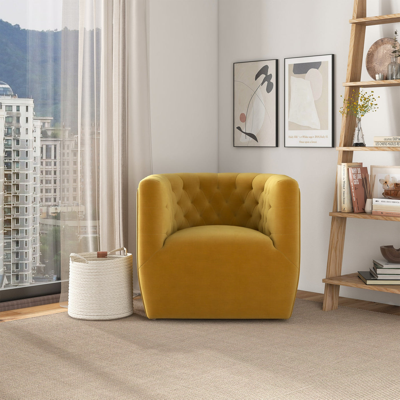 Silla giratoria Delaney de terciopelo dorado