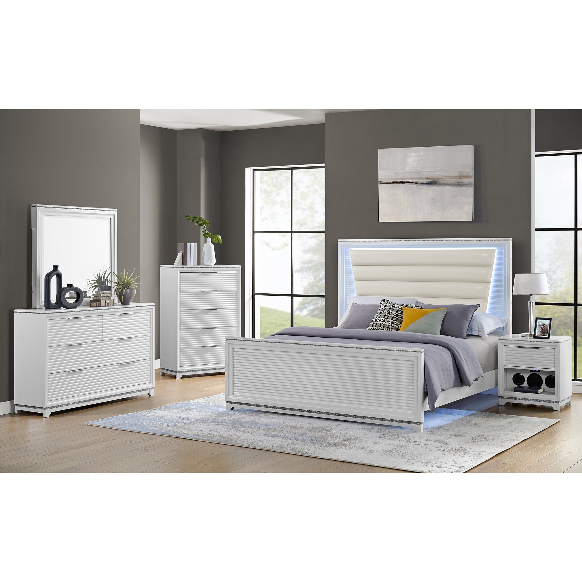 Denmark Queen UPH 5PC Bedroom Set with Lights in White