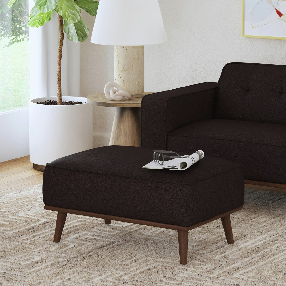 Destiny Ottoman With Wood Base In Pebble Brown