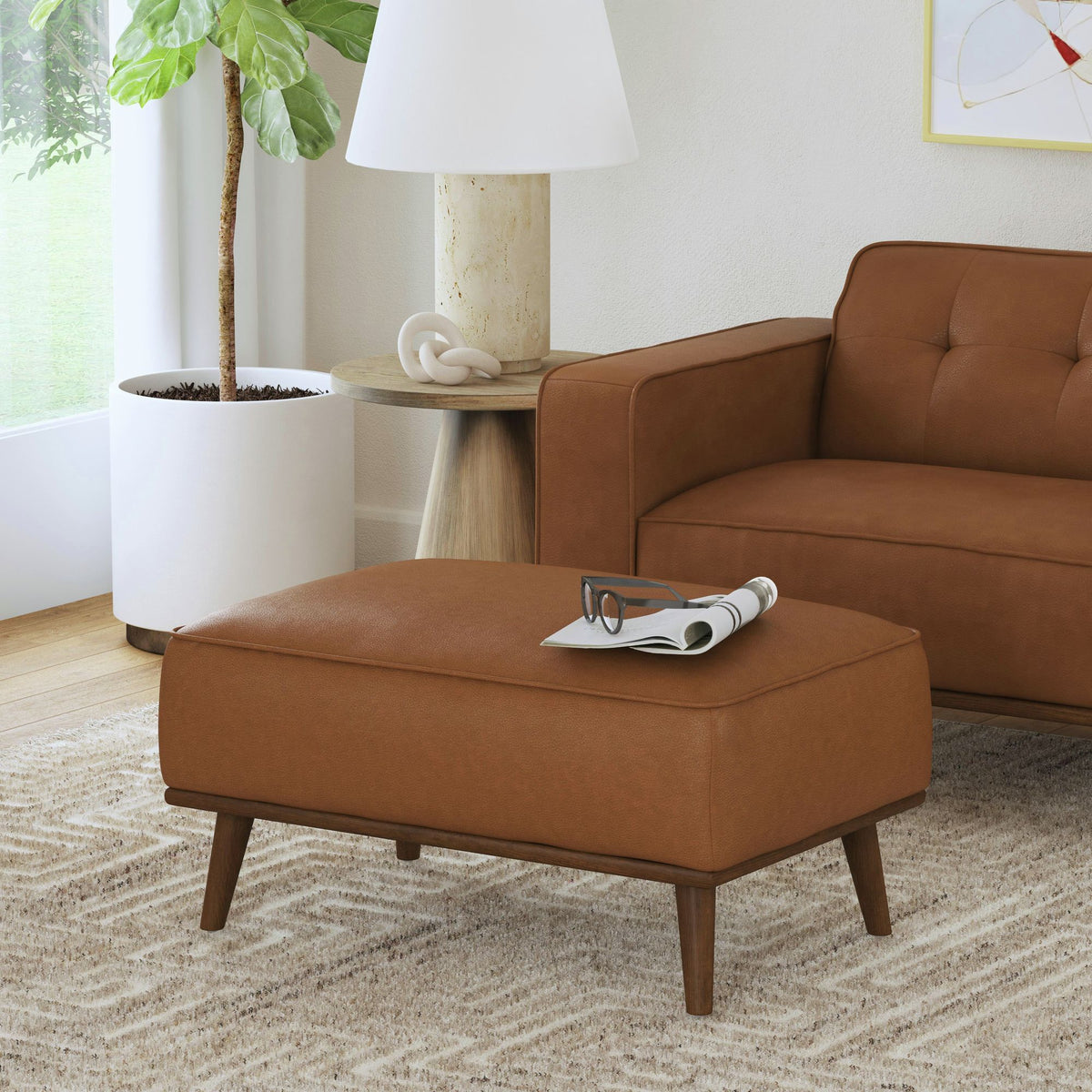 Destiny Ottoman With Wood Base In Pebble Tan