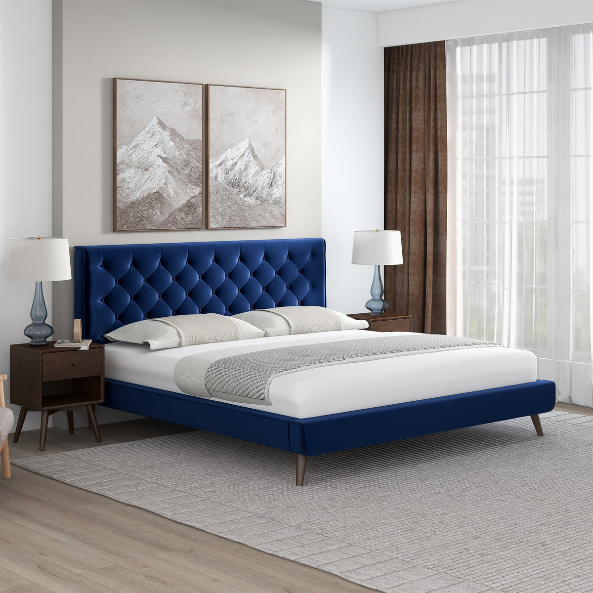 Cama de plataforma de terciopelo azul Dillon (tamaño king)