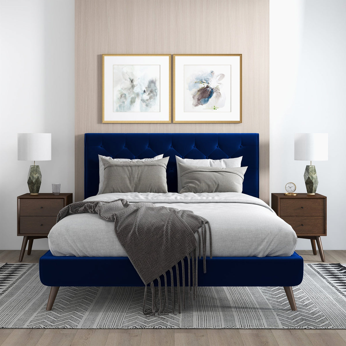 Cama de plataforma de terciopelo azul Dillon (tamaño Queen)
