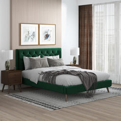 Cama de plataforma Dillon de terciopelo verde oscuro (tamaño Queen)