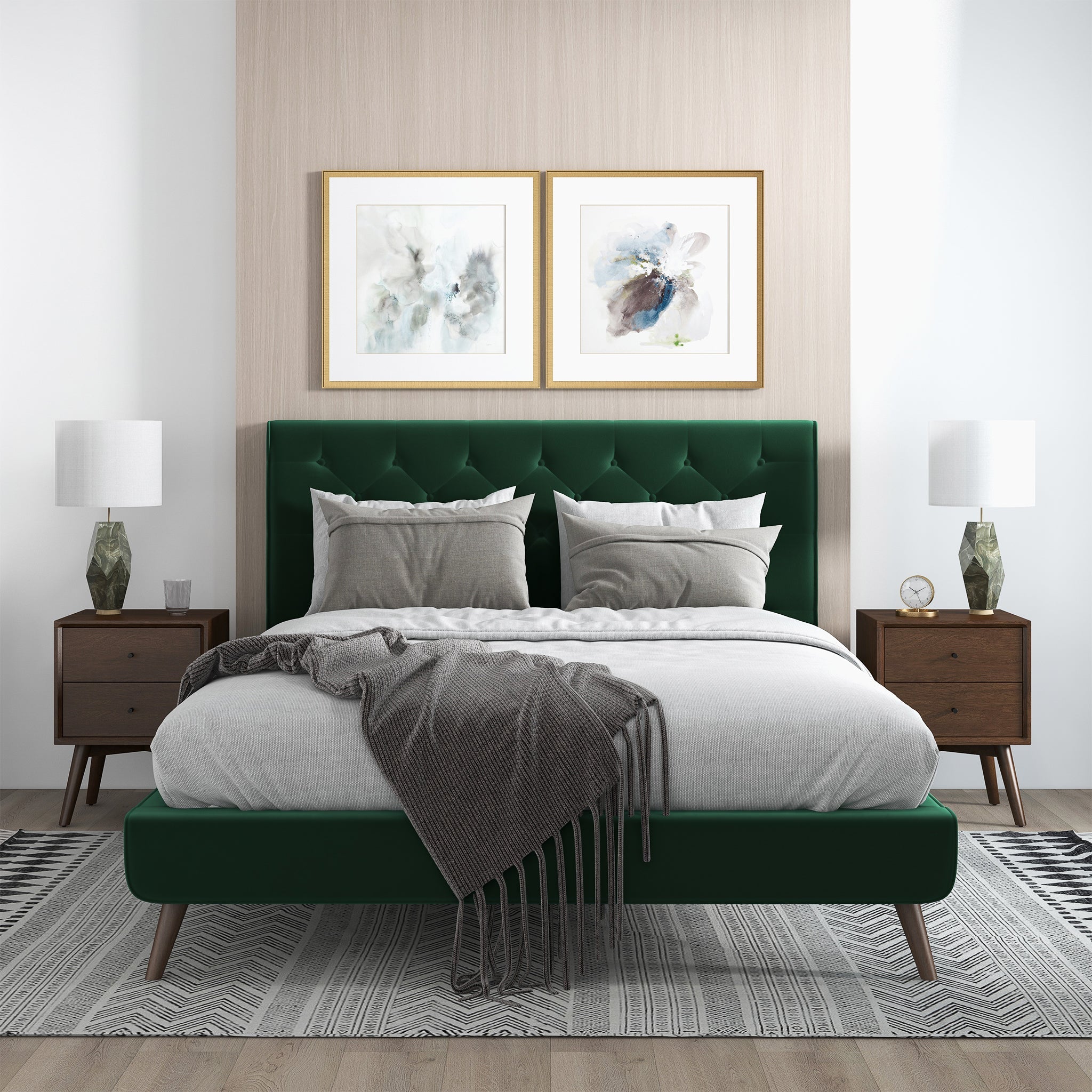 Cama de plataforma Dillon de terciopelo verde oscuro (tamaño Queen)