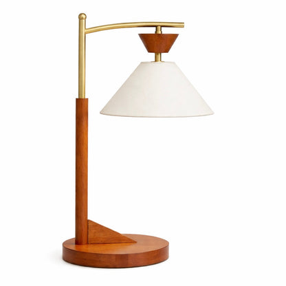Lámpara de mesa Dreamlight, base de madera maciza marrón con elegante pantalla cónica de lino