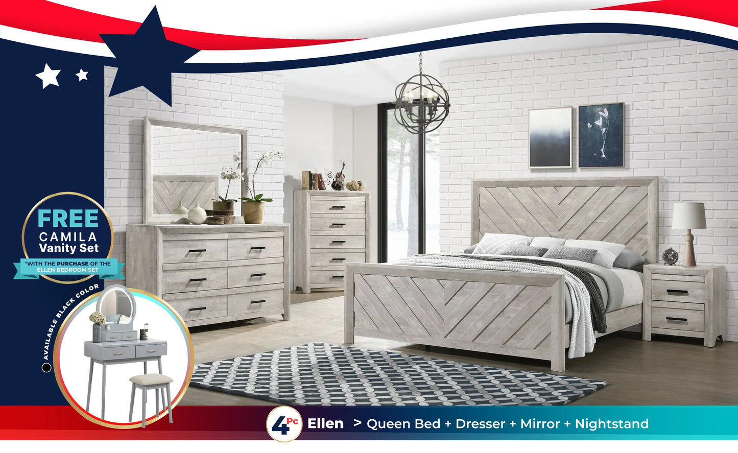 Ellen Queen Panel 4PC Bedroom Set in White + Free Vanity Set