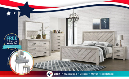 Ellen Queen Panel 4PC Bedroom Set in White + Free Vanity Set