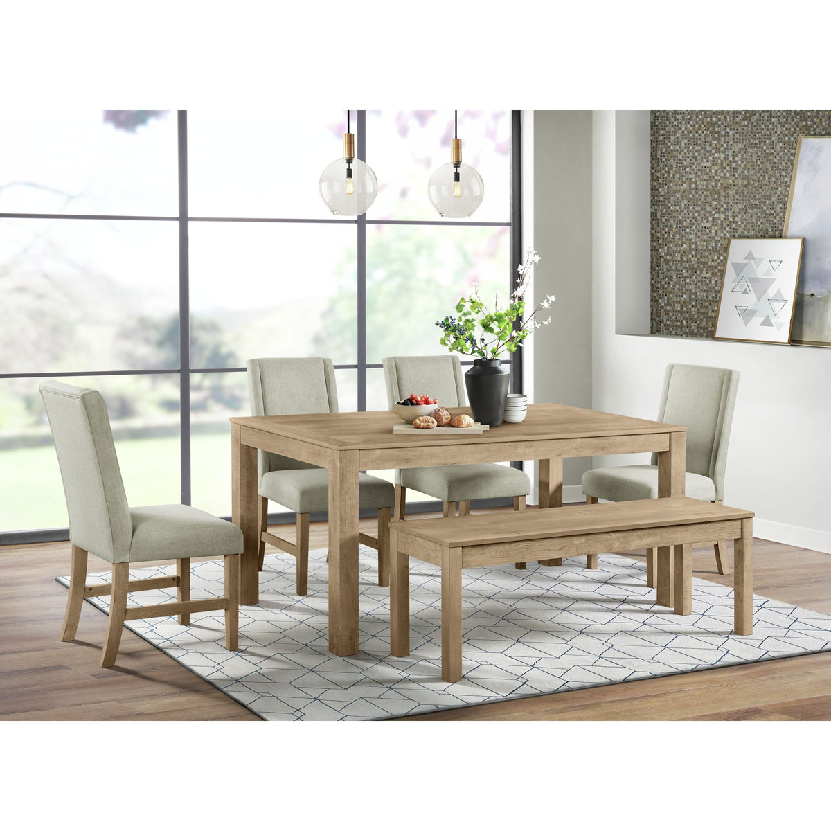 Eleanor 6PC Standard Height Dining Set in Brown-Table, Four Chairs & Bench