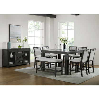 Elodie 8PC Counter Height Dining Set in Charcoal-Table, Six Chairs & Bench