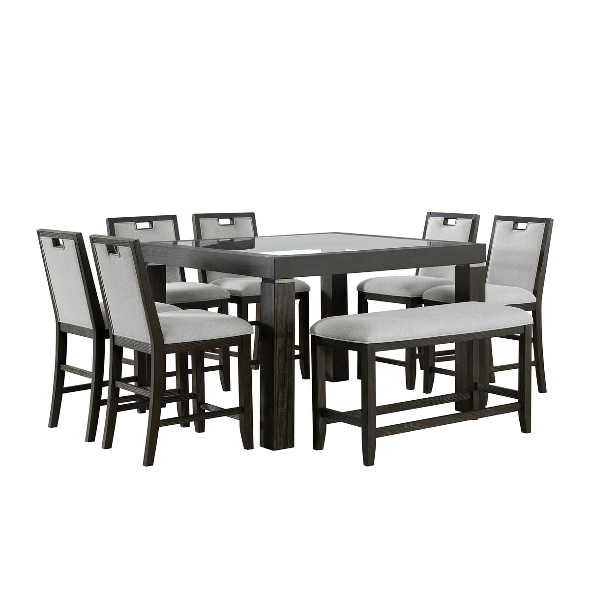 Elodie 8PC Counter Height Dining Set in Charcoal-Table, Six Chairs & Bench