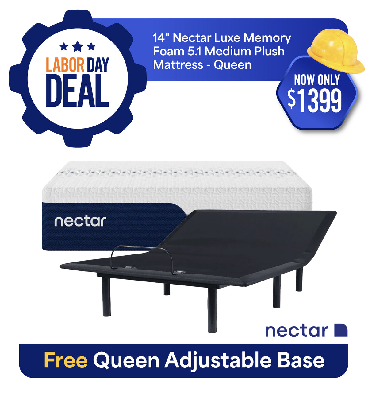 14" Nectar Luxe Memory Espuma 5.1 Medio Suave Queen Colchón + Free Base ajustable
